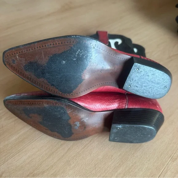 Vintage Nine West Genuine Leather Red Black White Cowboy Boots Lizard Print - Picture 2 of 10